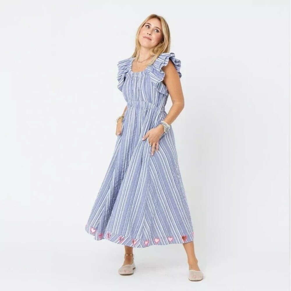 Kerri Rosenthal Tailor Stripe Midi Dress Print Embroidered Heart Cotton M 272680